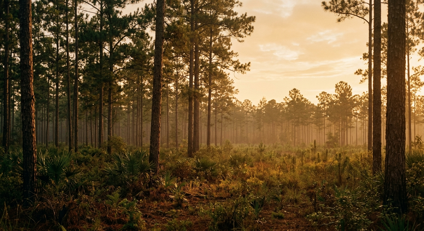 Golden-hour light filtering through tall Southern pines in a humid Mississippi haze