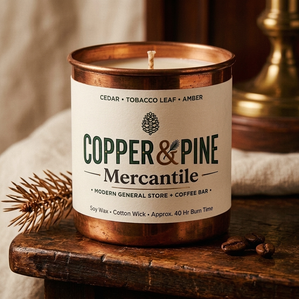 A Copper & Pine candle in a hammered copper vessel on a walnut surface, with a pine sprig and coffee beans