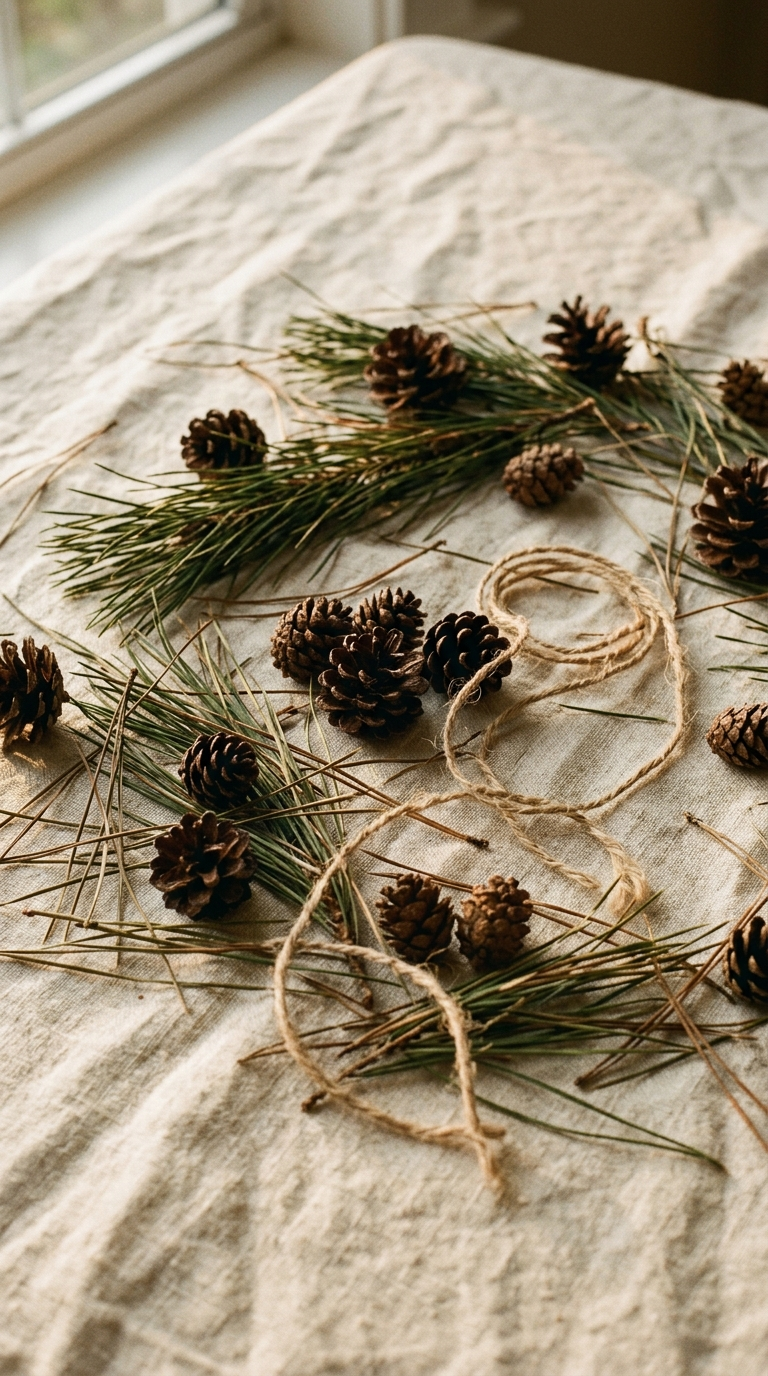 Loose pine needles, small pinecones, and undyed twine scattered on cream linen