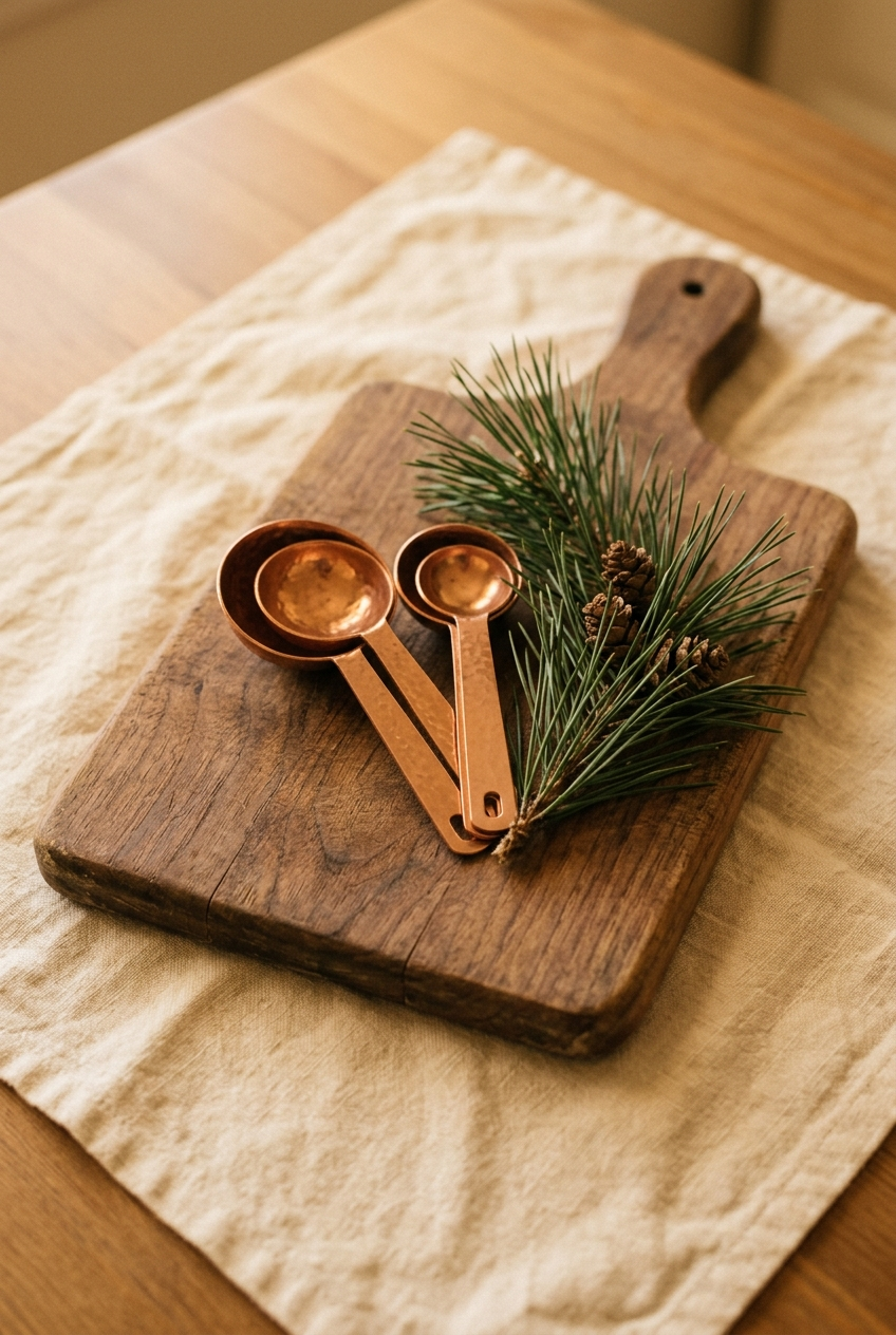 A weathered walnut cutting board with hammered copper spoons and a pine sprig on warm linen