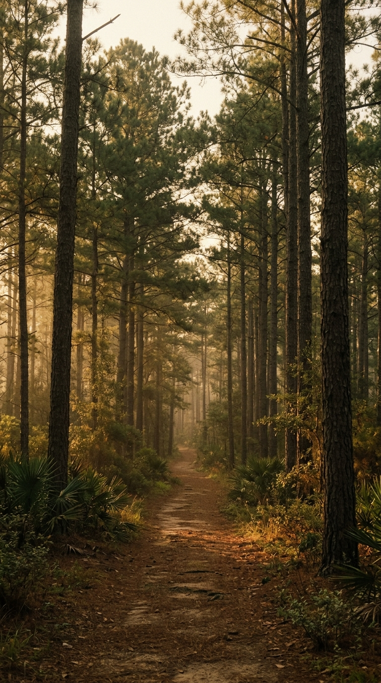 A quiet wooded trailhead in a Southern pine forest, early morning golden haze